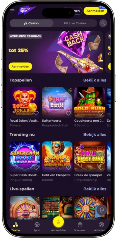 Mobiele versie van Zumospin met casinospellen, live casino, wekelijkse cashback en navigatie op een smartphone