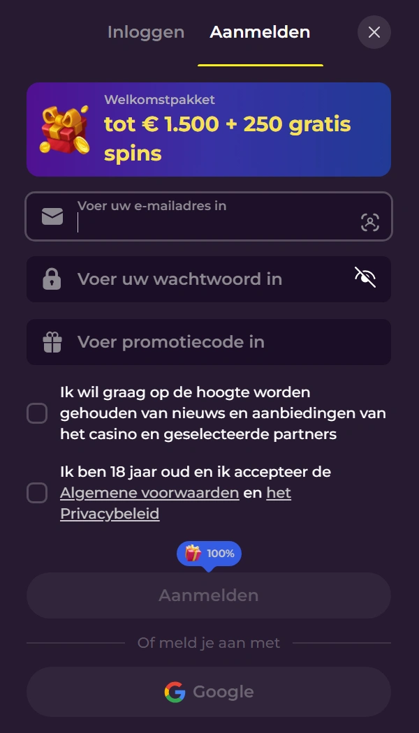Zumospin-registratieformulier met e-mailveld, wachtwoord en welkomstpakket tot €1.500 plus 250 gratis spins
